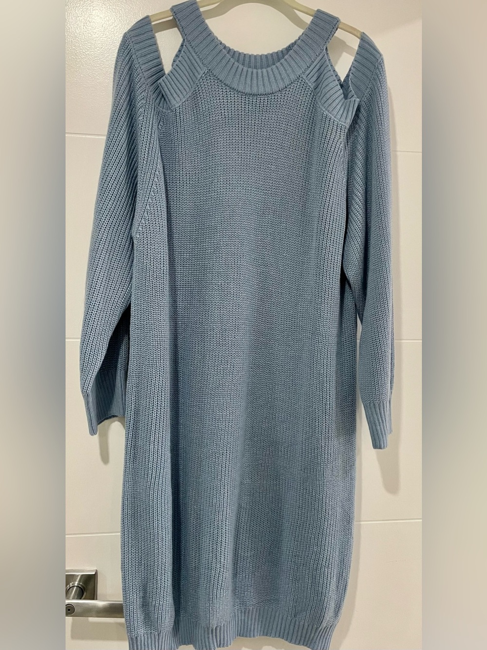 Soft Blue Long-Sleeve Cold Shoulder Knit Dress